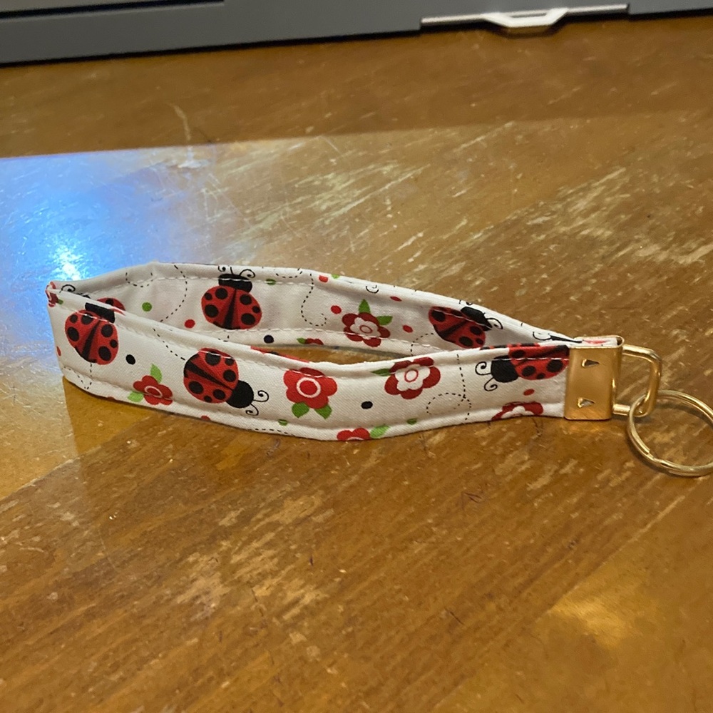 Handmade Wristlet Key Holder Charming Ladybug and Flower Print - Picture 2 of 3